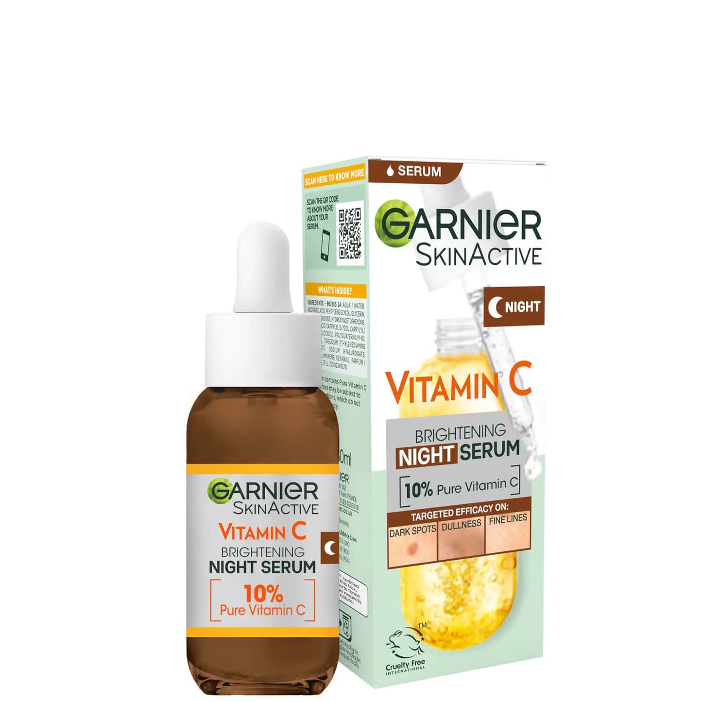 Garnier Targeted Anti Dark Spot Night Serum for Face, with 10% Pure Vitamin C & Hyaluronic Acid, Anti Pigmentation & Dullness, For All Skin Types, Approved by Cruelty Free International, Vegan, 30 ml