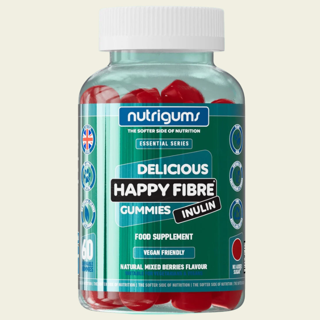 Happy Fibre (Inulin) Chicory Root Prebiotic Gummy | 3.8g Fibre | Mixed Berry Flavour | 60 Vegan Gummies | Gut Health and Digestive System Support by NUTRIGUMS, HALAL & KOSHER certified, inulin, fiber, buy high fibre supplements online in UK at luxsupp