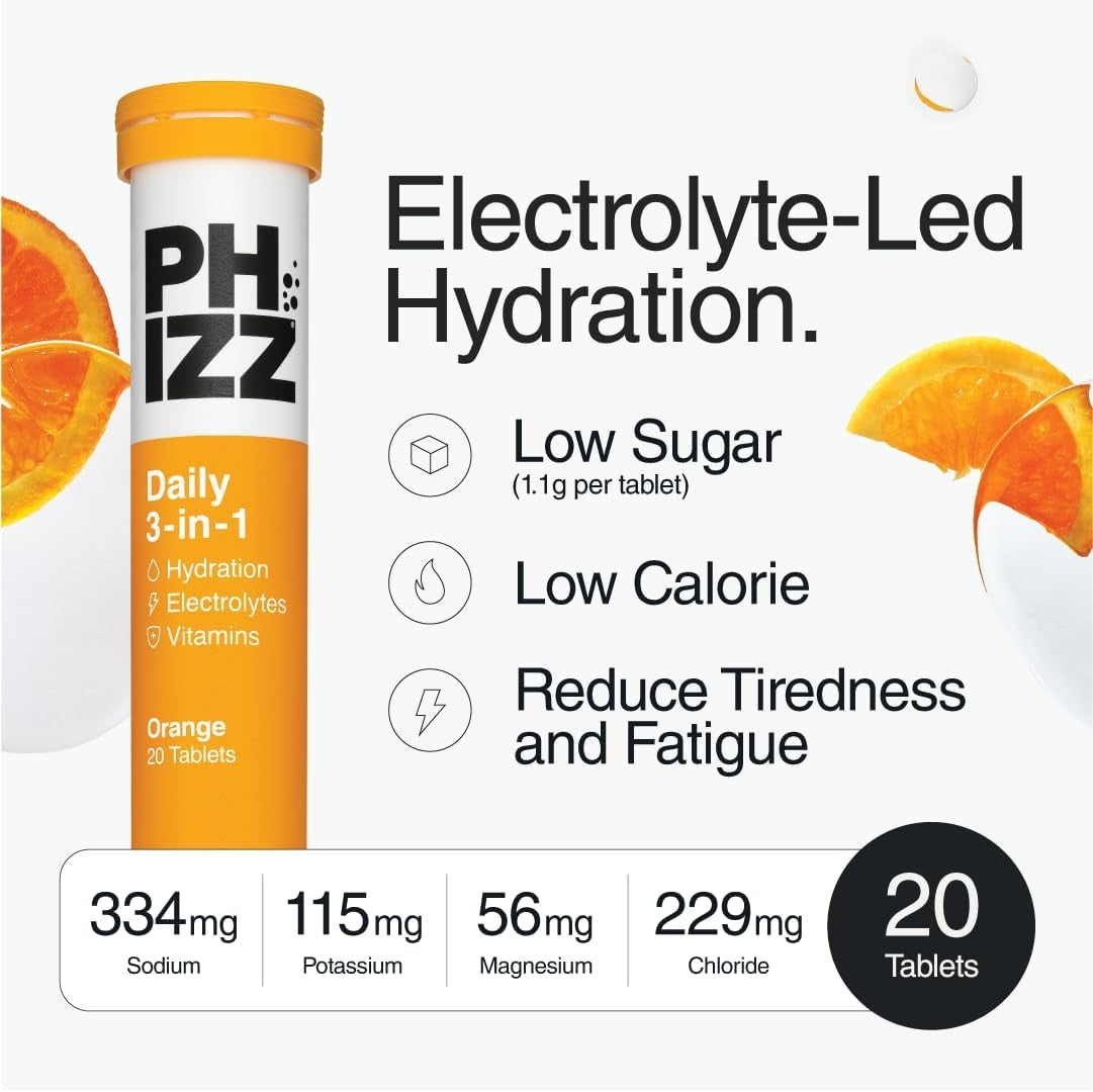 Phizz Electrolyte & Multivitamin Hydration Tablets | 20 Effervescent Orange Tablets | Rehydration + 18 Vitamins & Minerals | Vegan & Low-Calorie