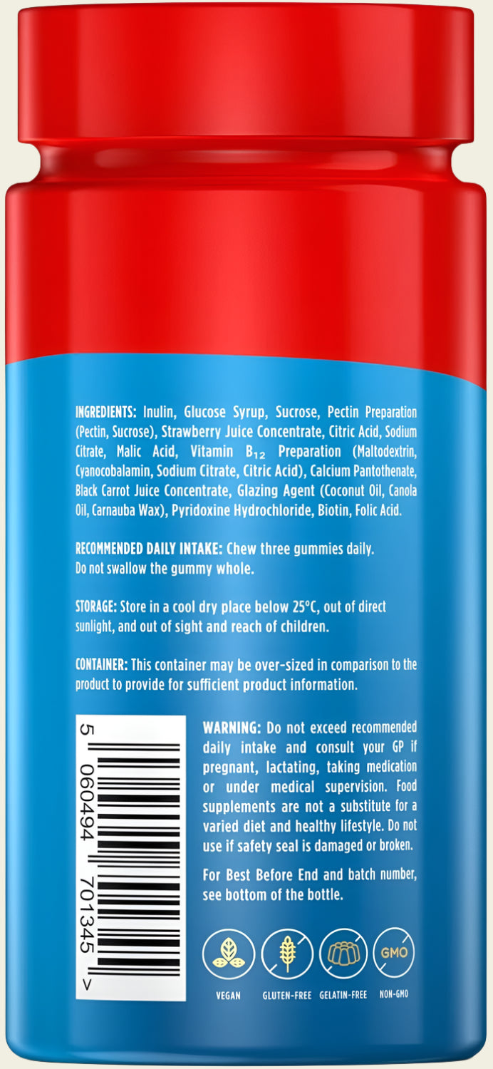 supplements, fibre, Vegan High Fibre Gummies Wellgard – High Strength Fibre Gummy Vitamins B₆, B₁₂, Biotin, and Folic Acid, Strawberry Flavour, UK Formulated, fiber supplements, chicory roots, apples