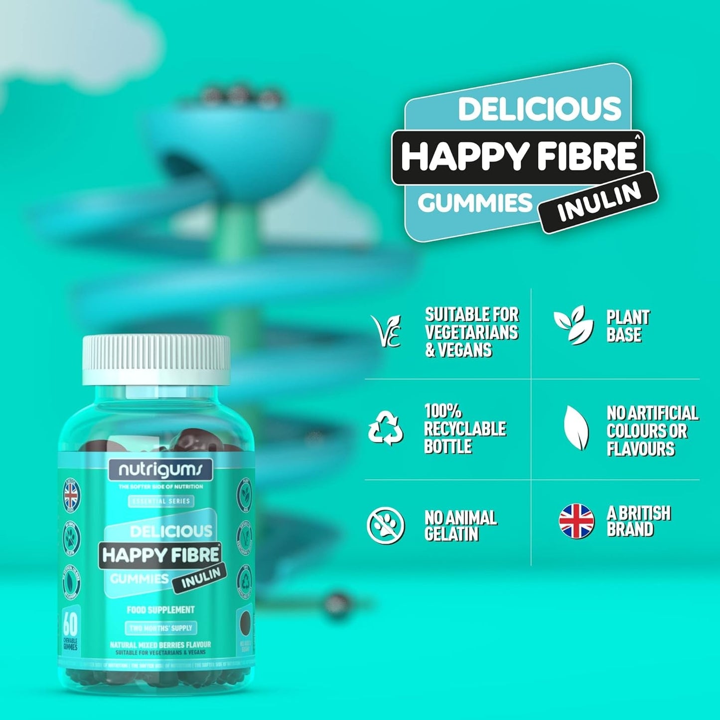Happy Fibre (Inulin) Chicory Root Prebiotic Gummy | 3.8g Fibre | Mixed Berry Flavour | 60 Vegan Gummies | Gut Health and Digestive System Support by NUTRIGUMS, HALAL & KOSHER certified, inulin, fiber, buy high fibre supplements online in UK at luxsupp