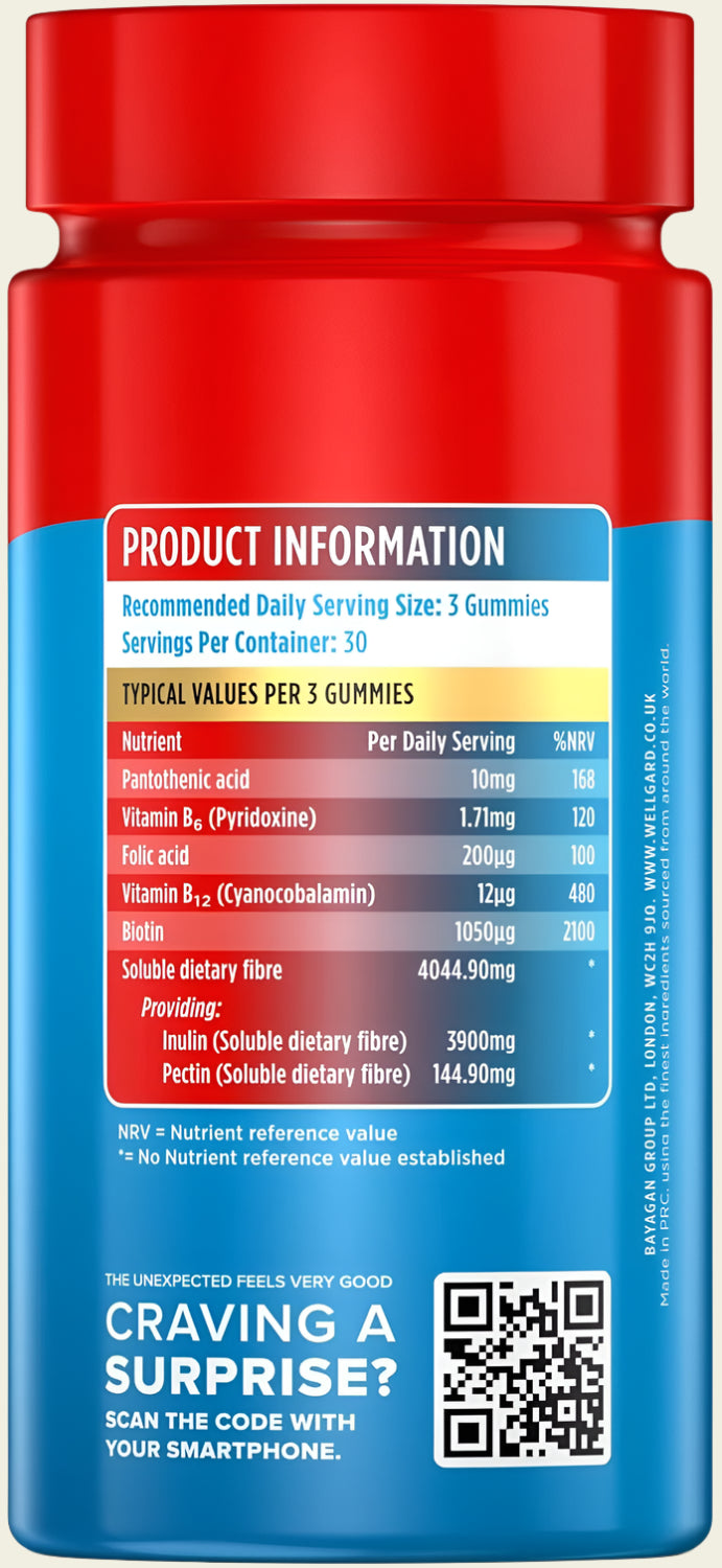 supplements, fibre, Vegan High Fibre Gummies Wellgard – High Strength Fibre Gummy Vitamins B₆, B₁₂, Biotin, and Folic Acid, Strawberry Flavour, UK Formulated, fiber supplements, chicory roots, apples