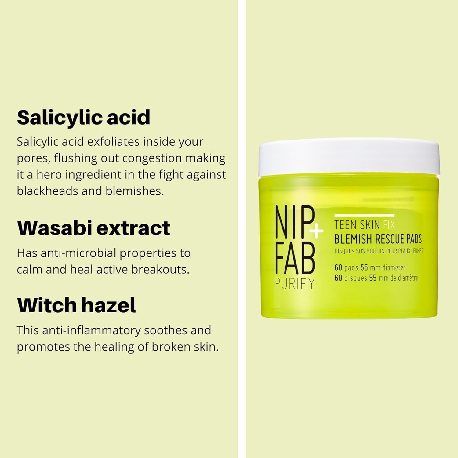 Nip + Fab Teen Skin Fix Zero Breakout Rescue Face Pads with Salicylic Acid, Witch Hazel and Antioxidant Wasabi Extract, BHA Facial Pad for Cleansing Pores Prevent Breakouts Blemishes, 60 Count