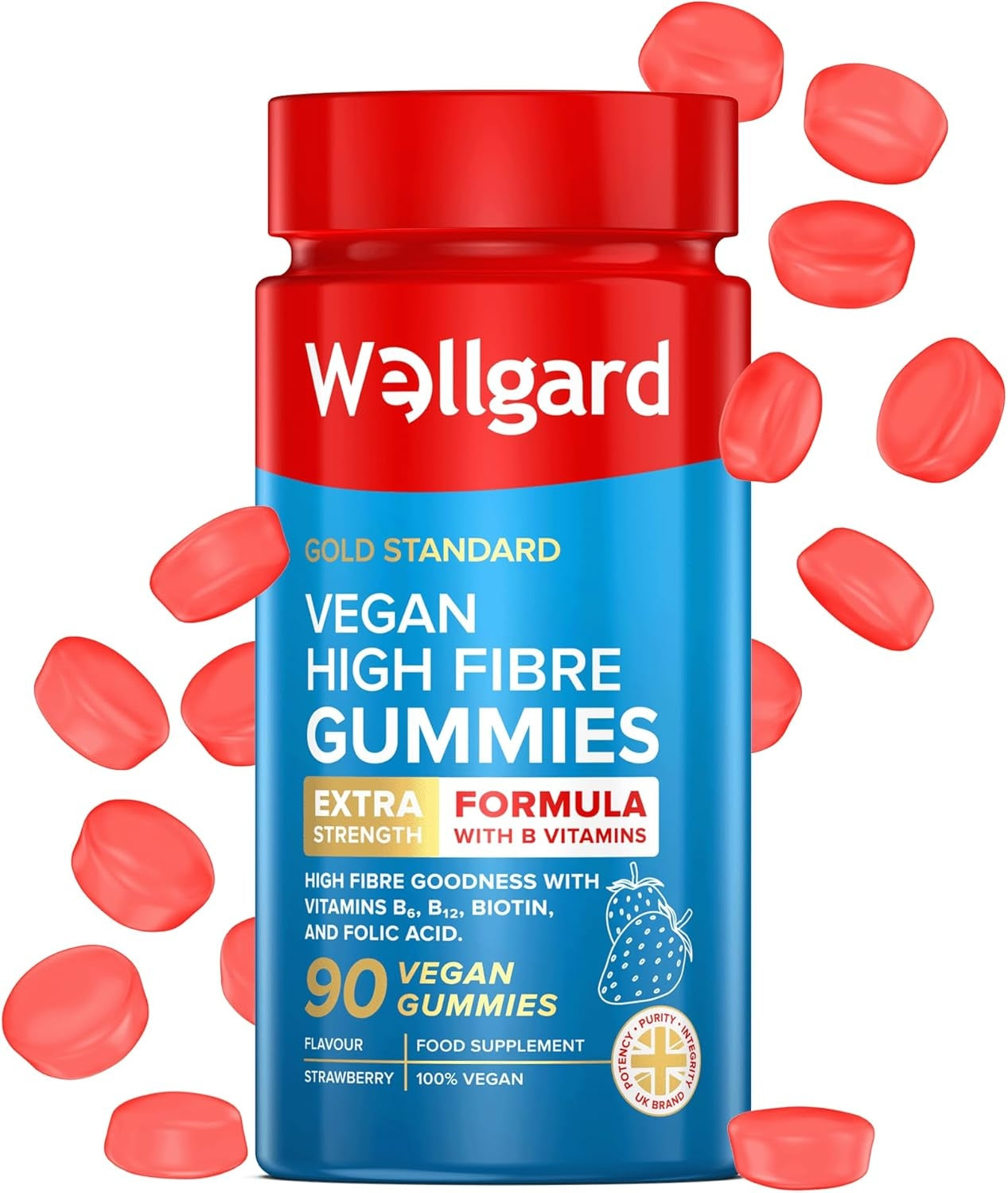 supplements, fibre, Vegan High Fibre Gummies Wellgard – High Strength Fibre Gummy Vitamins B₆, B₁₂, Biotin, and Folic Acid, Strawberry Flavour, UK Formulated, fiber supplements, chicory roots, apples