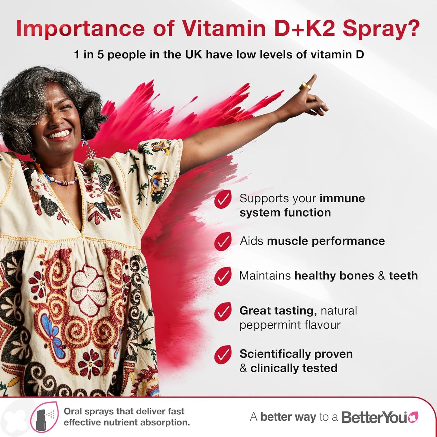 BetterYou Vitamin D3 K2 Oral Spray, Vitamin D 3000 IU + Vitamin K2 (MK7) Supplement