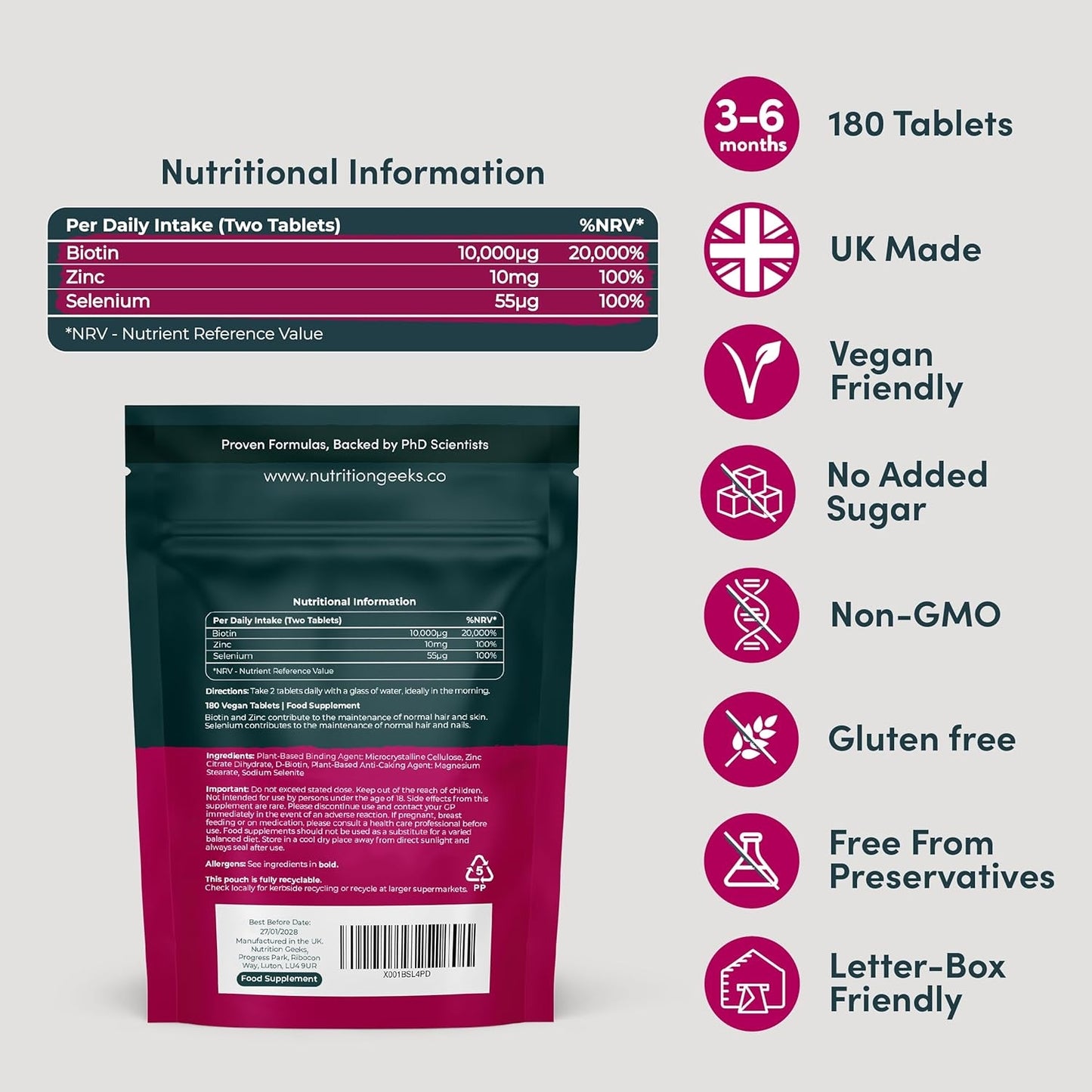 Biotin, hair growth, zinc, selenium, hair care for men & women, buy online in UK, Nutrition geeks