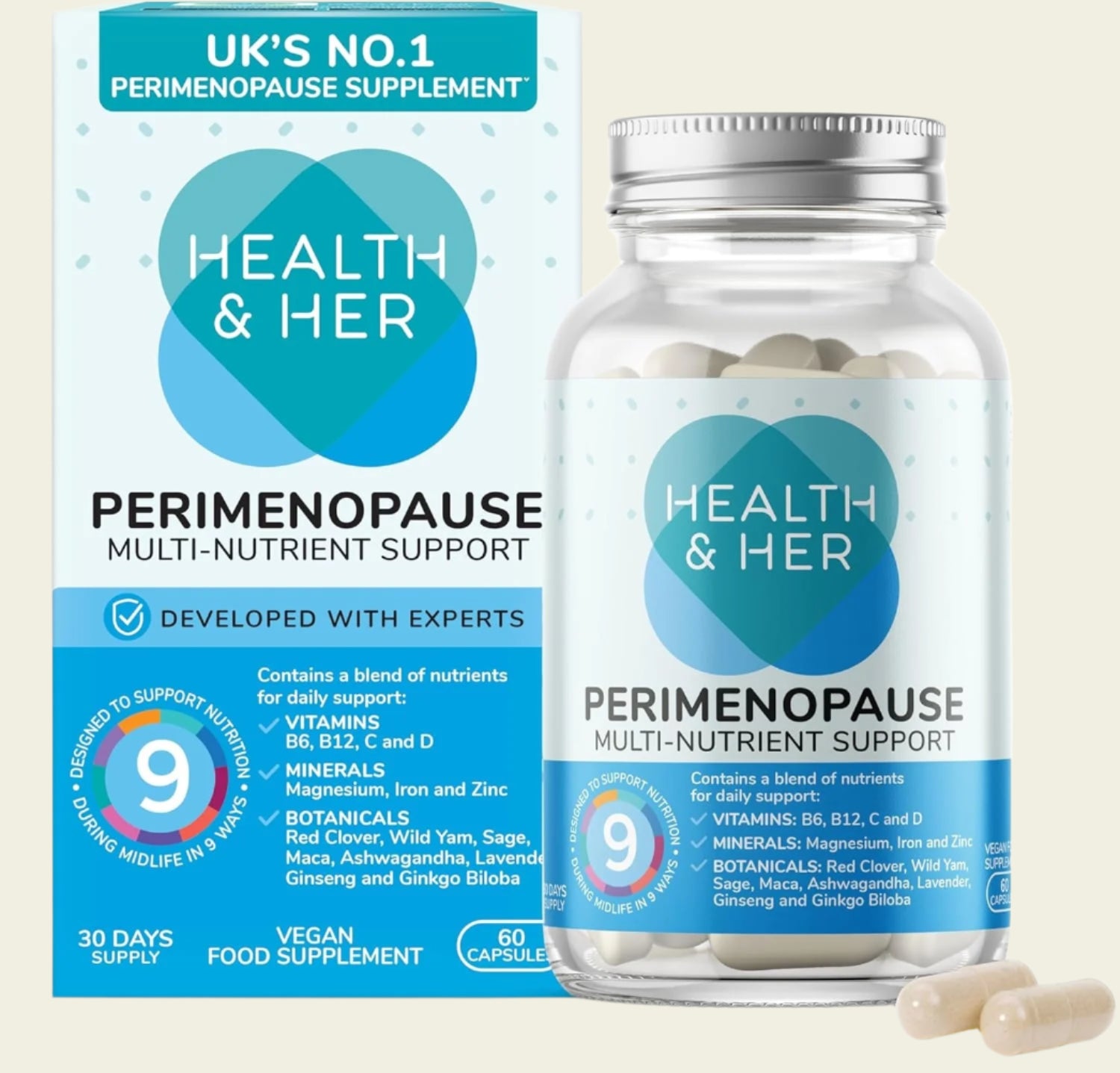 Health & Her Perimenopause Supplements for Women - with Red Clover, Wild Yam Ashwagandha. Wellbeing Support for The Early Stage of Menopause - 1 Month Supply, 60 Capsules - Vegan & Gluten Free, Menstruation,  menopause, phytoestrogens  isoflavones THE UK's NO.1 PERIMENOPAUSE SUPPLEMENT,VITAMINS B6, B12, C and D. MINERALS Magnesium, Iron and Zinc. BOTANICALS Red Clover, Wild Yam, Sage, Maca, Ashwagandha, Lavender, Ginseng and Ginkgo Biloba, VITAMIN B6, Buy health supplements online in UK at luxsupp