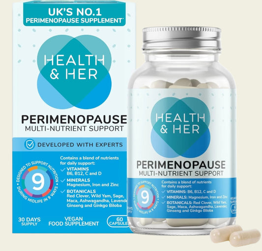 Health & Her Perimenopause Supplements for Women - with Red Clover, Wild Yam Ashwagandha. Wellbeing Support for The Early Stage of Menopause - 1 Month Supply, 60 Capsules - Vegan & Gluten Free, Menstruation,  menopause, phytoestrogens  isoflavones THE UK's NO.1 PERIMENOPAUSE SUPPLEMENT,VITAMINS B6, B12, C and D. MINERALS Magnesium, Iron and Zinc. BOTANICALS Red Clover, Wild Yam, Sage, Maca, Ashwagandha, Lavender, Ginseng and Ginkgo Biloba, VITAMIN B6, Buy health supplements online in UK at luxsupp