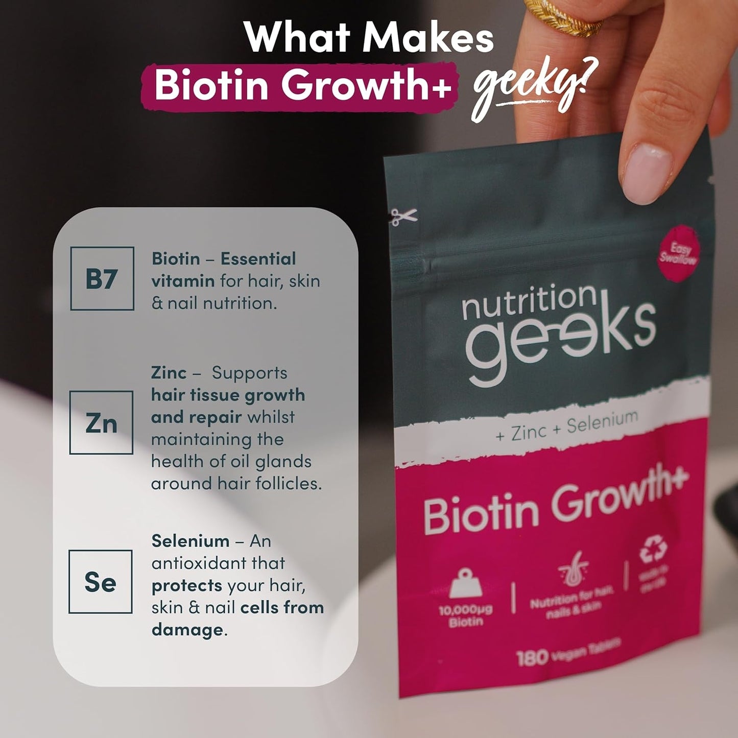 Biotin, hair growth, zinc, selenium, hair care for men & women, buy online in UK, Nutrition geeks
