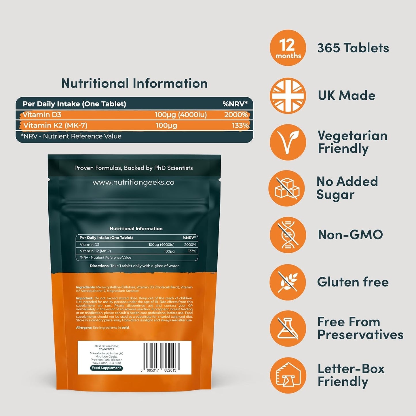 Nutrition Geeks Vitamin D3 + K2 Tablets