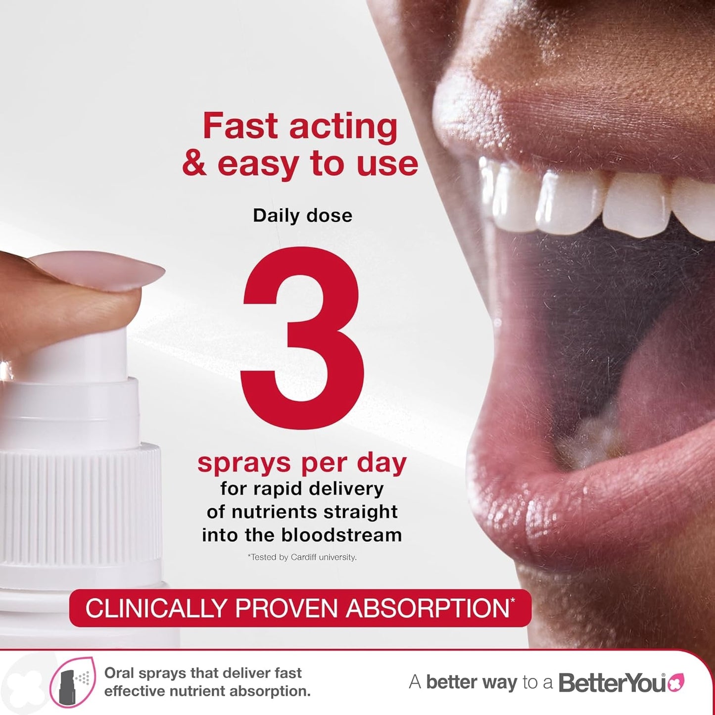 BetterYou Vitamin D3 K2 Oral Spray, Fast Acting Vitamin D 3000 IU + Vitamin K2 (MK7) Supplement, Supports Bones, Teeth, Immune System & Blood Clotting, 1-Month Supply, Natural Peppermint Flavour