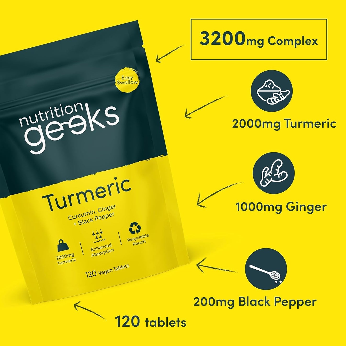 Turmeric Tablets 2000mg with Black Pepper & Ginger - 120 High Strength Curcumin Supplements