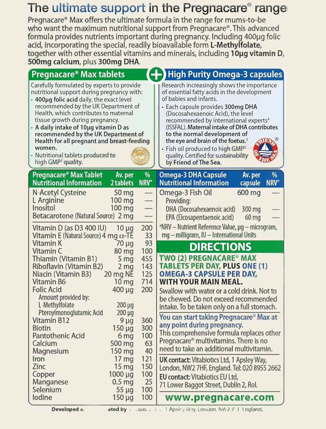 Pregnacare MAX Pregnancy Vitamins - with Added Omega-3 DHA for Normal Brain and Eye Development | 84 Tablets/Capsules