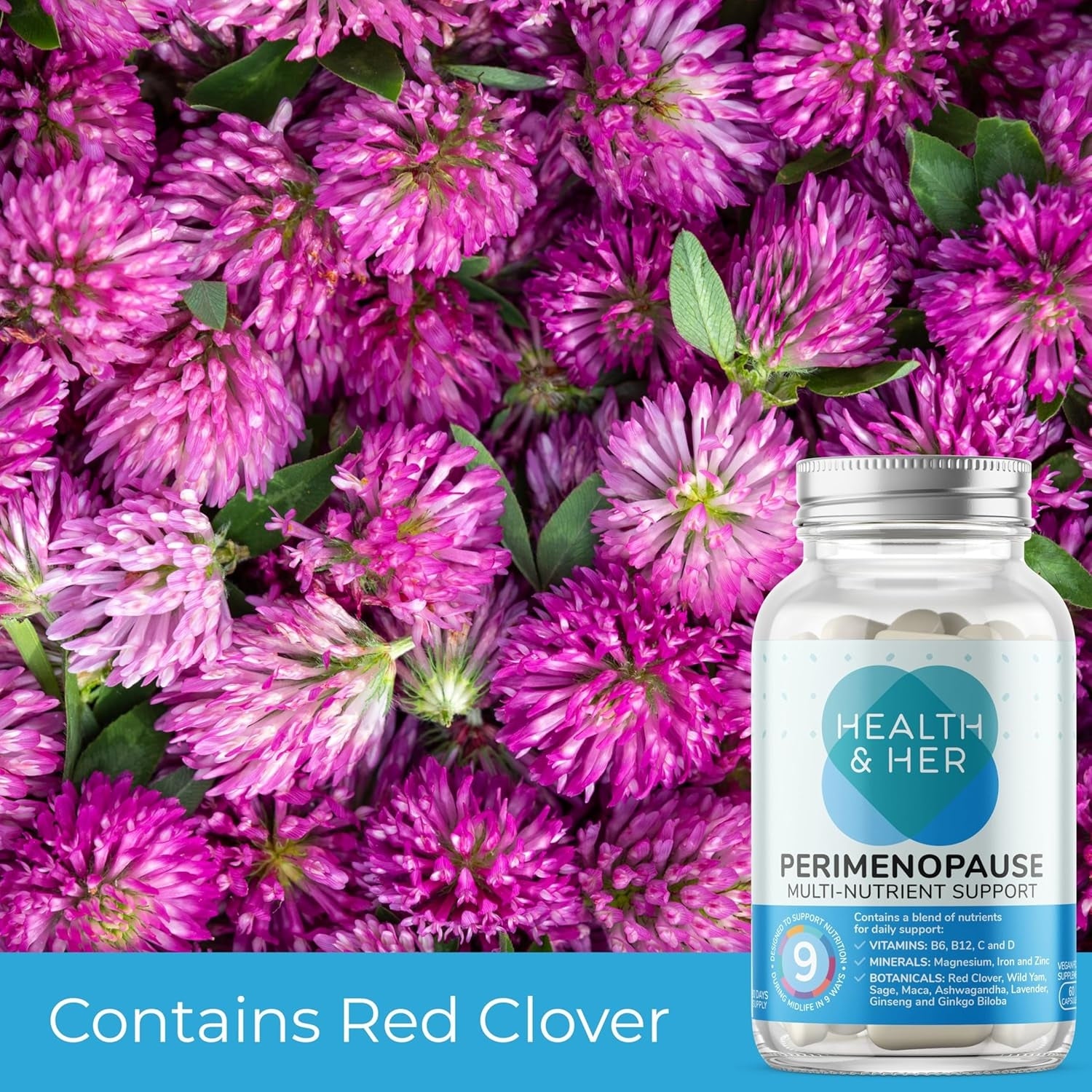 Health & Her Perimenopause Supplements for Women - with Red Clover, Wild Yam Ashwagandha. Wellbeing Support for The Early Stage of Menopause - 1 Month Supply, 60 Capsules - Vegan & Gluten Free, Menstruation,  menopause, phytoestrogens  isoflavones THE UK's NO.1 PERIMENOPAUSE SUPPLEMENT,VITAMINS B6, B12, C and D. MINERALS Magnesium, Iron and Zinc. BOTANICALS Red Clover, Wild Yam, Sage, Maca, Ashwagandha, Lavender, Ginseng and Ginkgo Biloba, VITAMIN B6, Buy health supplements online in UK at luxsupp
