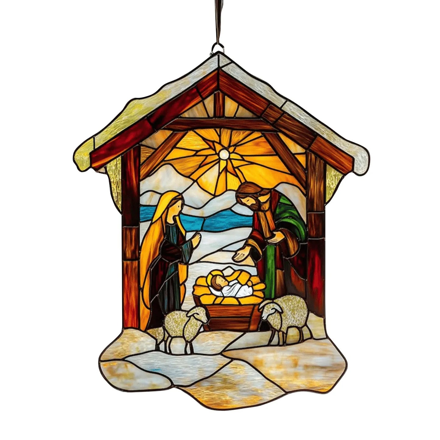 2D Handmade Sun Catcher Stained Acrylic Nativity Scene Suncatcher Window Hanging Ornament for Home Decor Christian for Family