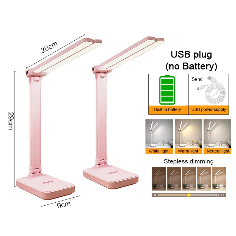 USB Desk Lamp 3 Levels Dimmable Touch Night Light USB Rechargeable Eye Protection Foldable Table Lamp For Bedroom Bedside Desk