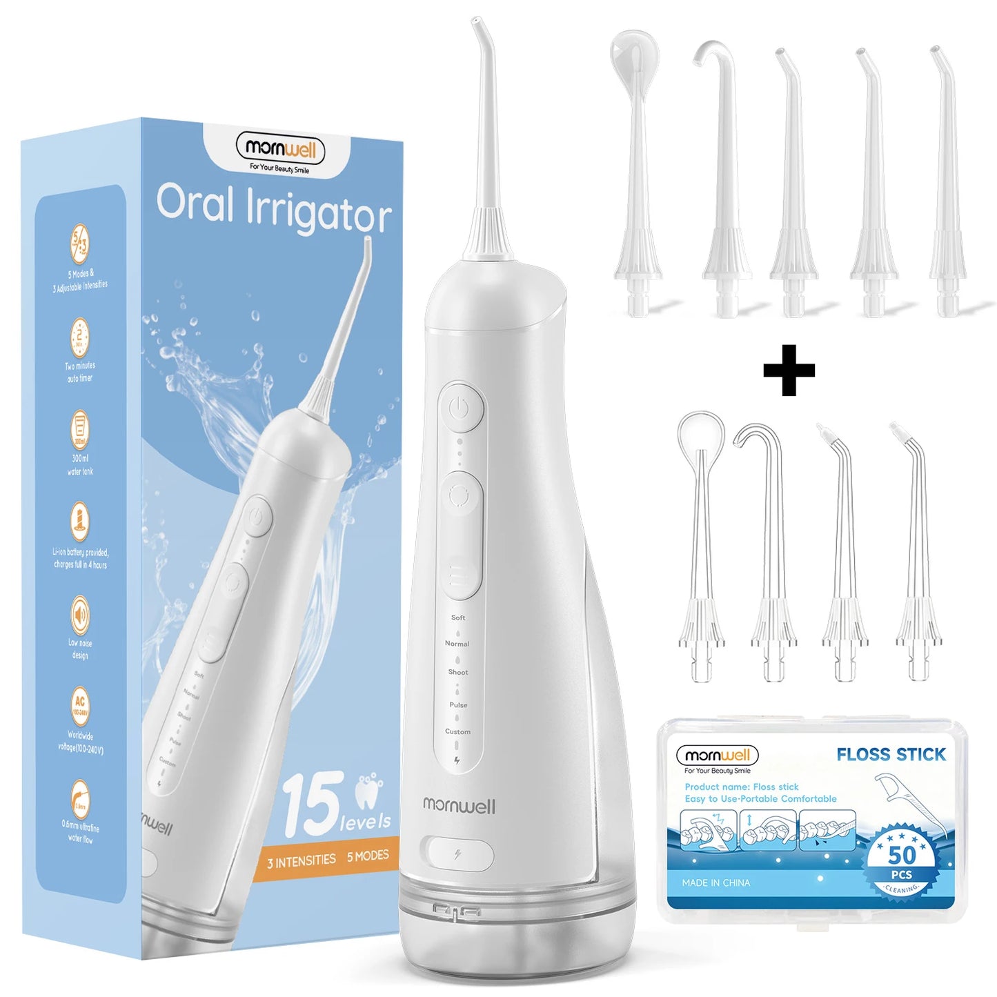 Portable Oral Irrigator with 5 Jet Tips , 5 Cleaning Modes of 3 water pressure , 300ml Water Tank IPX7 Waterproof Water Flosser
