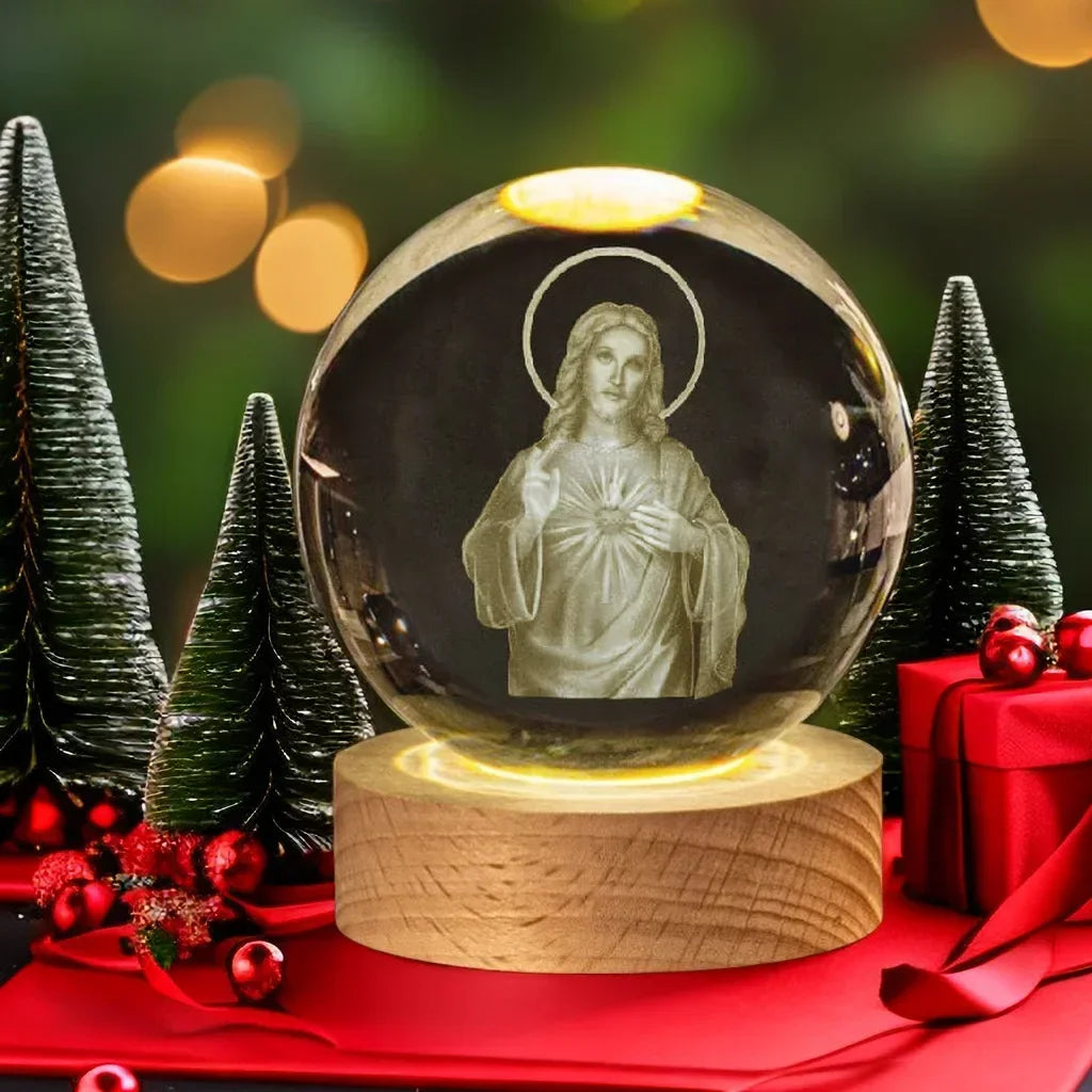 Illuminated Jesus and Virgin Mary Crystal Ball Set with Cross for Devotion rosarios catolicos jesus christ