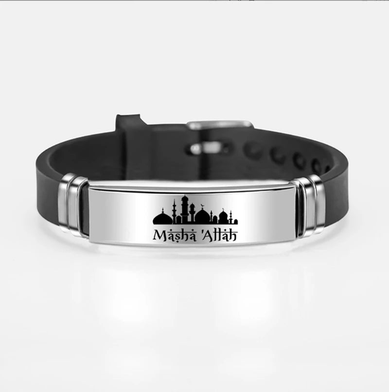 Muslim Islam Allah Bracelet Bangle Engraved Arabic Shahada Stainless Steel Silicone Bracelets For Men Women Religious Jewelry
