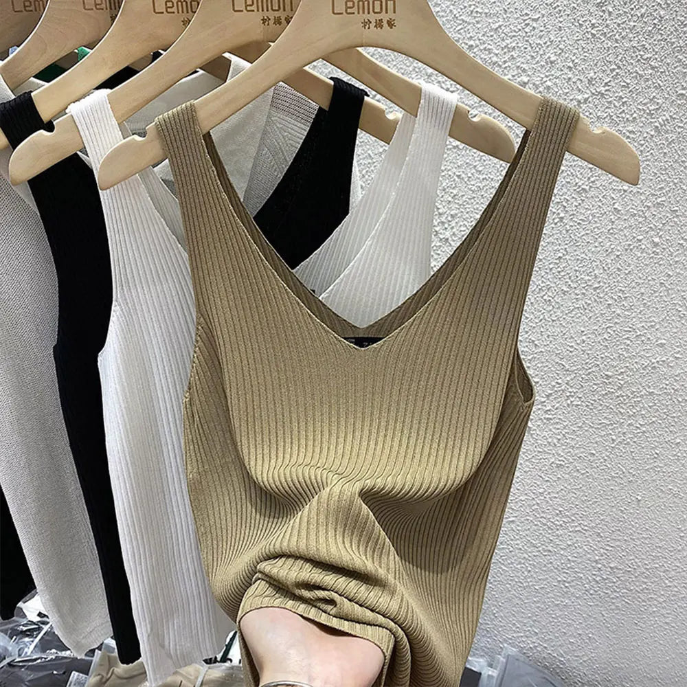 2026 Fashion Women Camisole Ice Silk Knit Tank Top Slim Fit Sleeveless Base Top Solid Color V-Neck Crop Top Casual Base Shirts