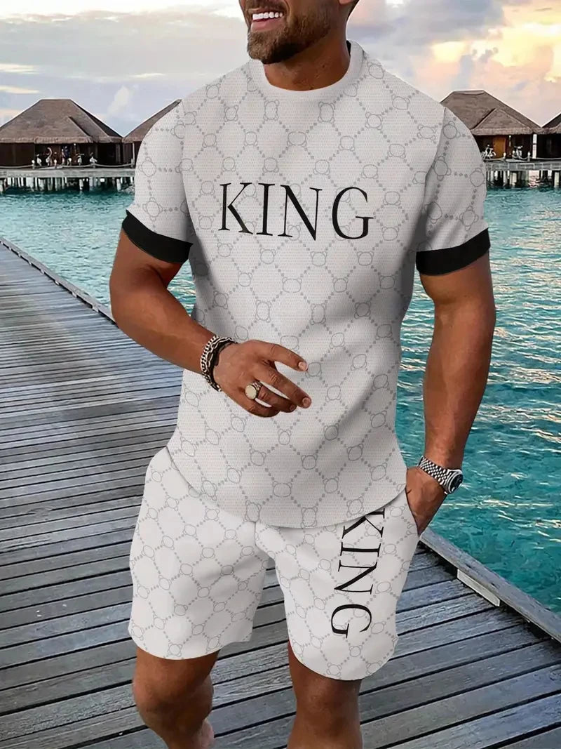 2025 Summer Men's Clothing Letter Print Short Sleeve Top Men's Elastic Waist Shorts 2-piece Set Plus Size T Shirts Shorts Set