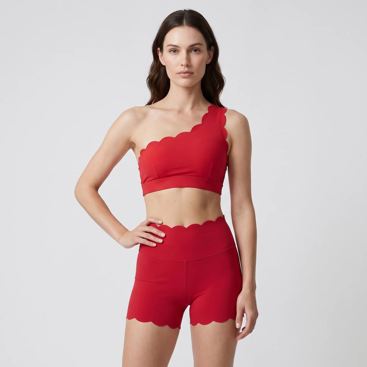 Women One Shoulder Scalloped Trim Sports Bra High Waist Scalloped Yoga Shorts 2 Pcs Workout Set Squat Proof Gym Pilates Outfit