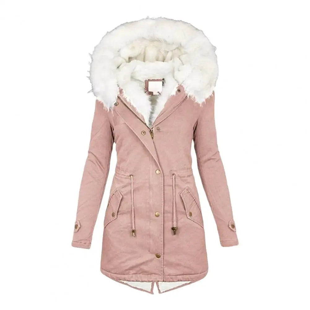 Thicken Women Winter Cotton Coat Faux Fur Hood Fleece Zip-up Button Jacket Windproof Mid Length Slim Outerwear