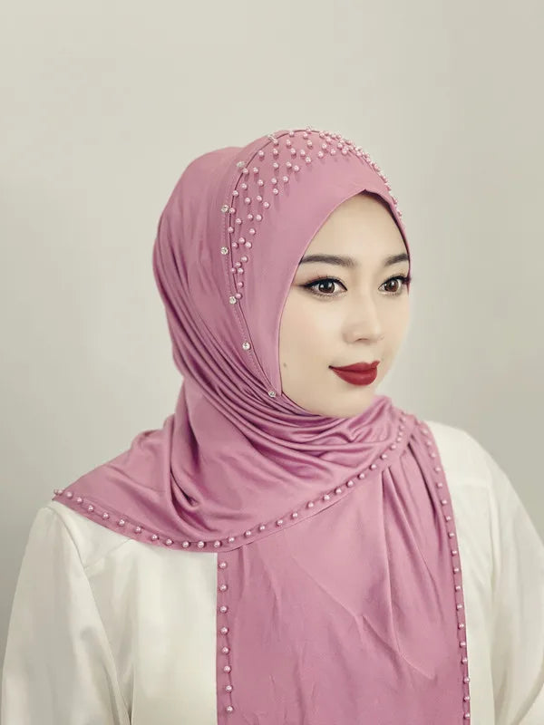 Convenient Instant Hijab Pullover Beaded Scarf Malay Shawl Women's Solid Color Headscarf (One Cap Gift)