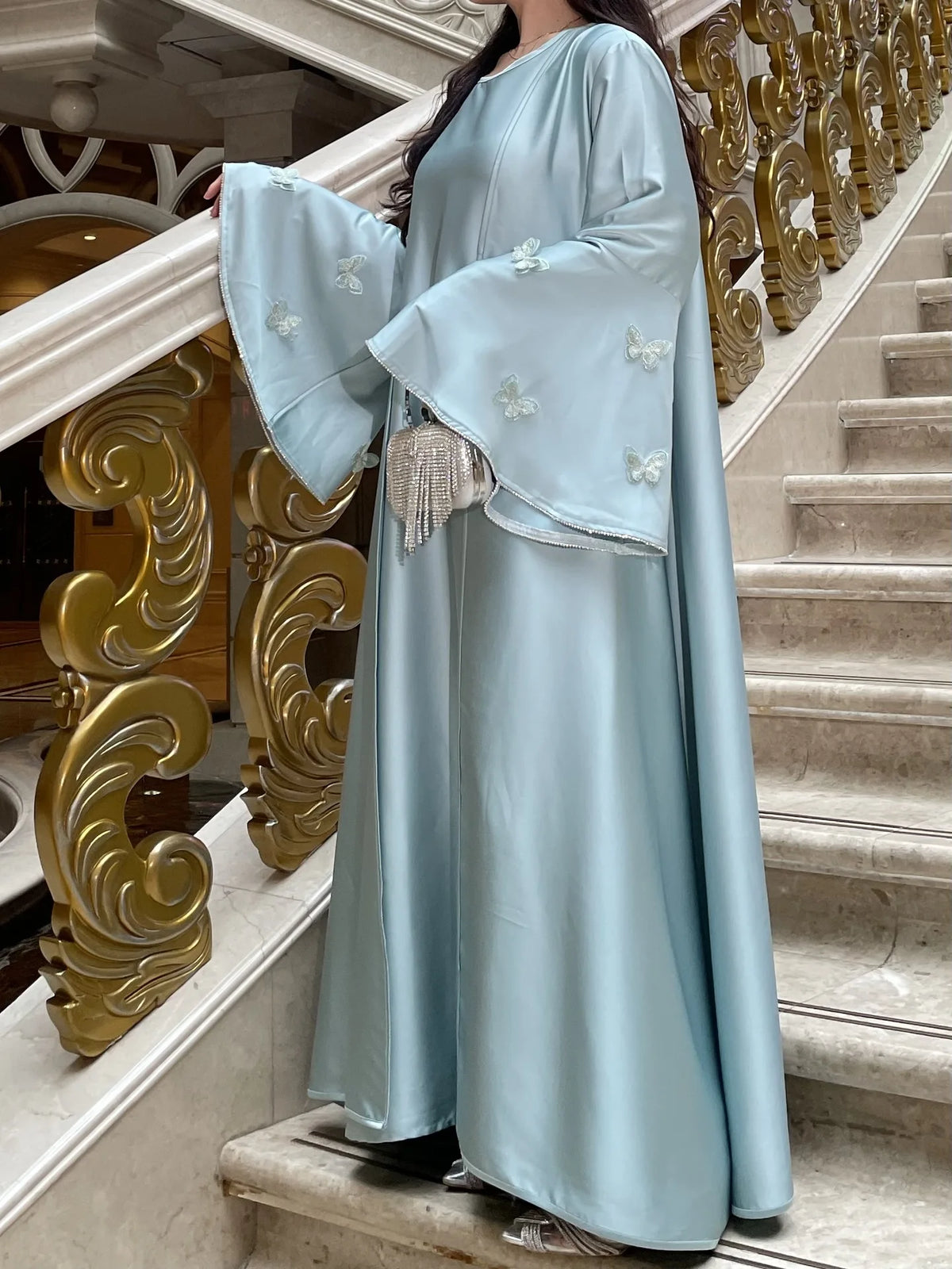 Muslim Women Abaya Dress 2 Piece Set Butterfly Satin Lace-up Morocco Caftan Inner Dress Musulman Ensembles Cadigan Outfit Suits