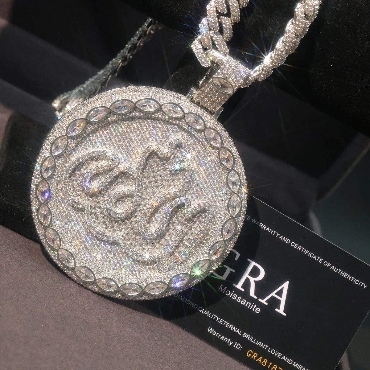 18K Gold Plated Round Allah Zircon Pendant Islamic Hip Hop Jewelry For Men Micro Pave Charm Marquise Stone For Faith Reverence Peace Protection Street Rap Gift For Muslim Men Boy Friends Rappers Fine Jewelry Gifts Iced Out Cu