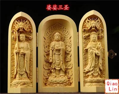 Solid Wood Carving Three Open Buddha Statue, Collapsible Sculpture, Living Room and Bedroom Decoration, Modern Art