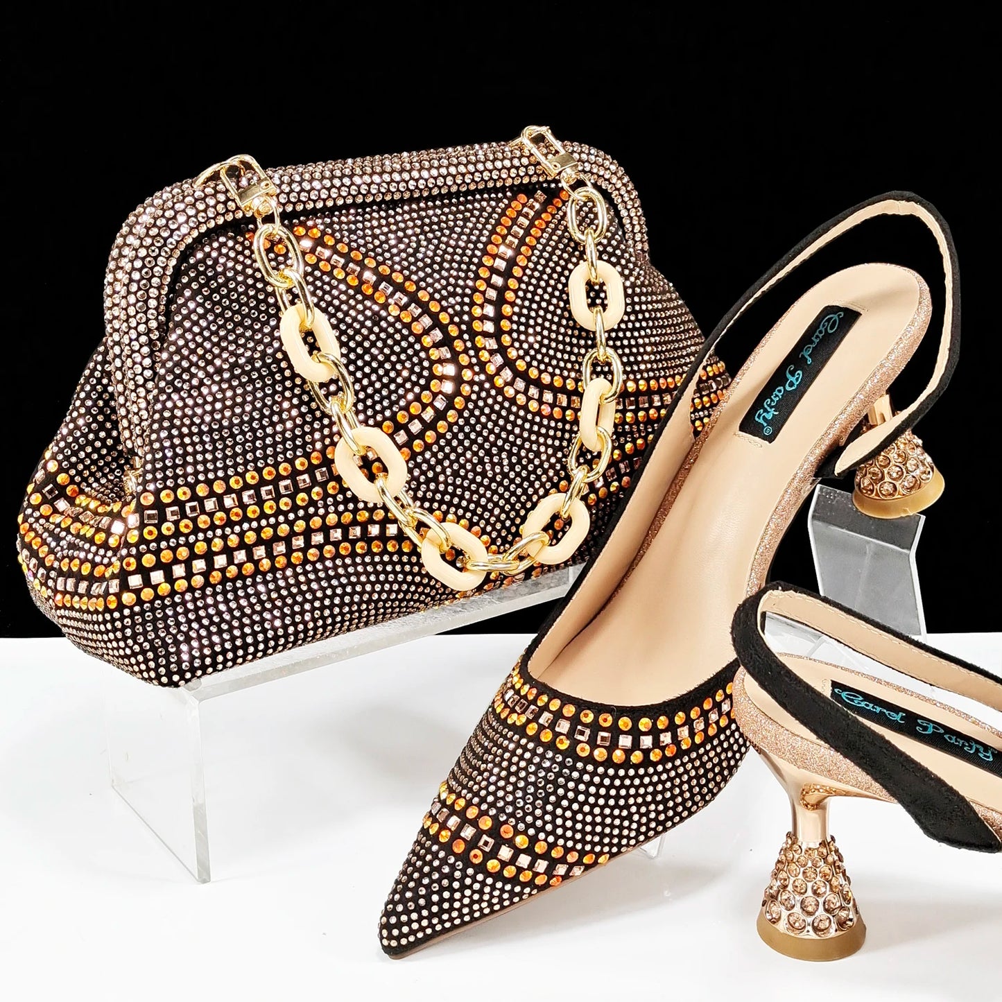 QSGFC New Italian Pumps and Bag To Party 2024 INS Style Pointed-Toe Rhinestone Elegant High Heels Champagne Wedge for Women