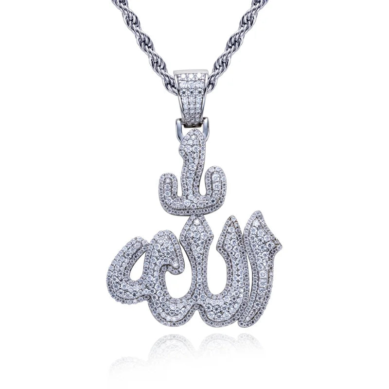 MossanRappr 2.9cttw Moissanite Islam Muslim Rune Patter Pendant Allah Necklace 925 Sterling Silver Hip Hop Jewelry Gifts for Men