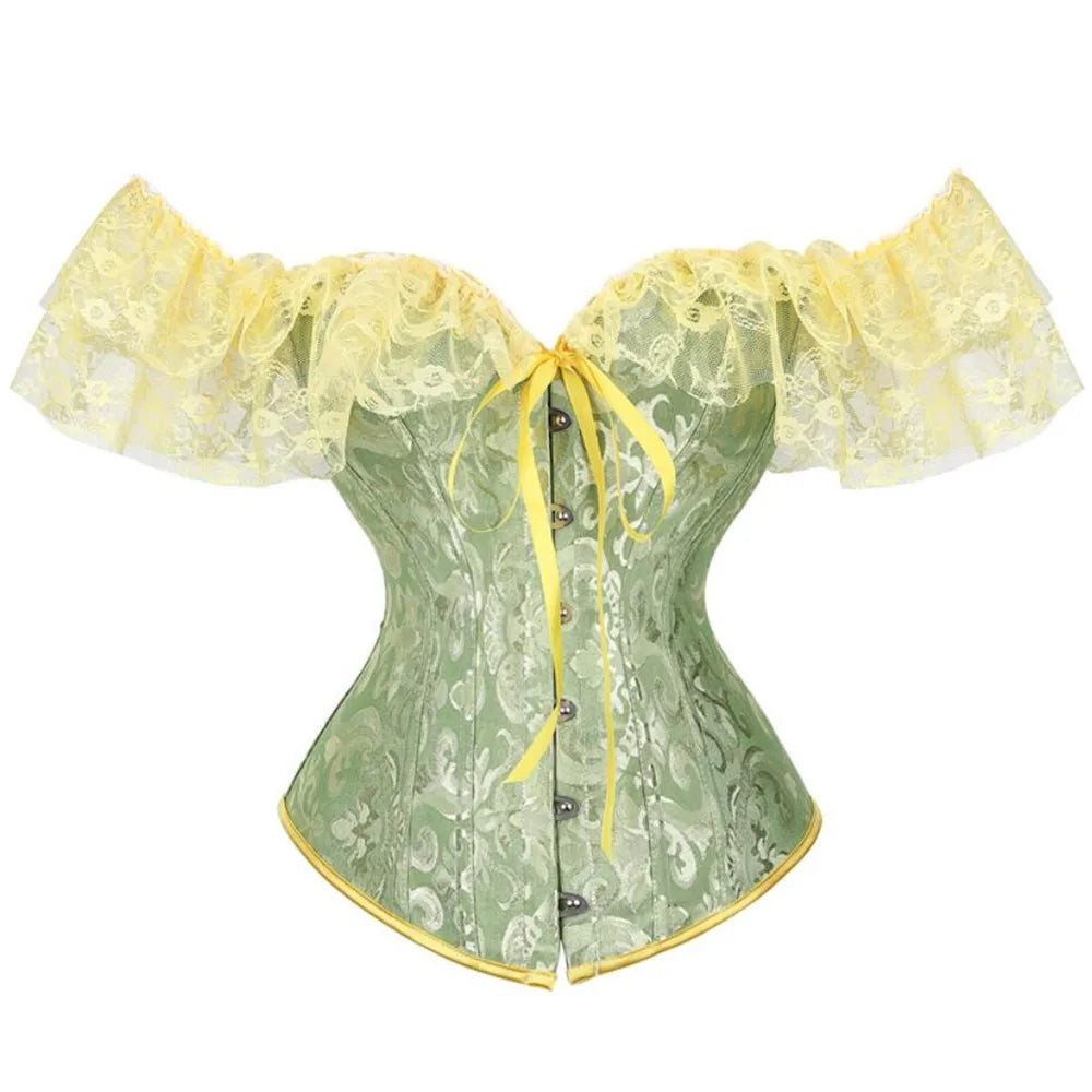 Lace Sleeves Off Shoulder Floral Overbust Corset Princess Elegant Corsets Victorian Women Sexy Bustier Showgirl Party Costume