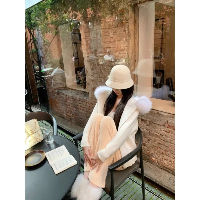 New Autumn and Winter Models Fur Neck Sweater Hooded Coat Female Lazy Wind Knit Cardigan Zipper Sweater Thick Blouse