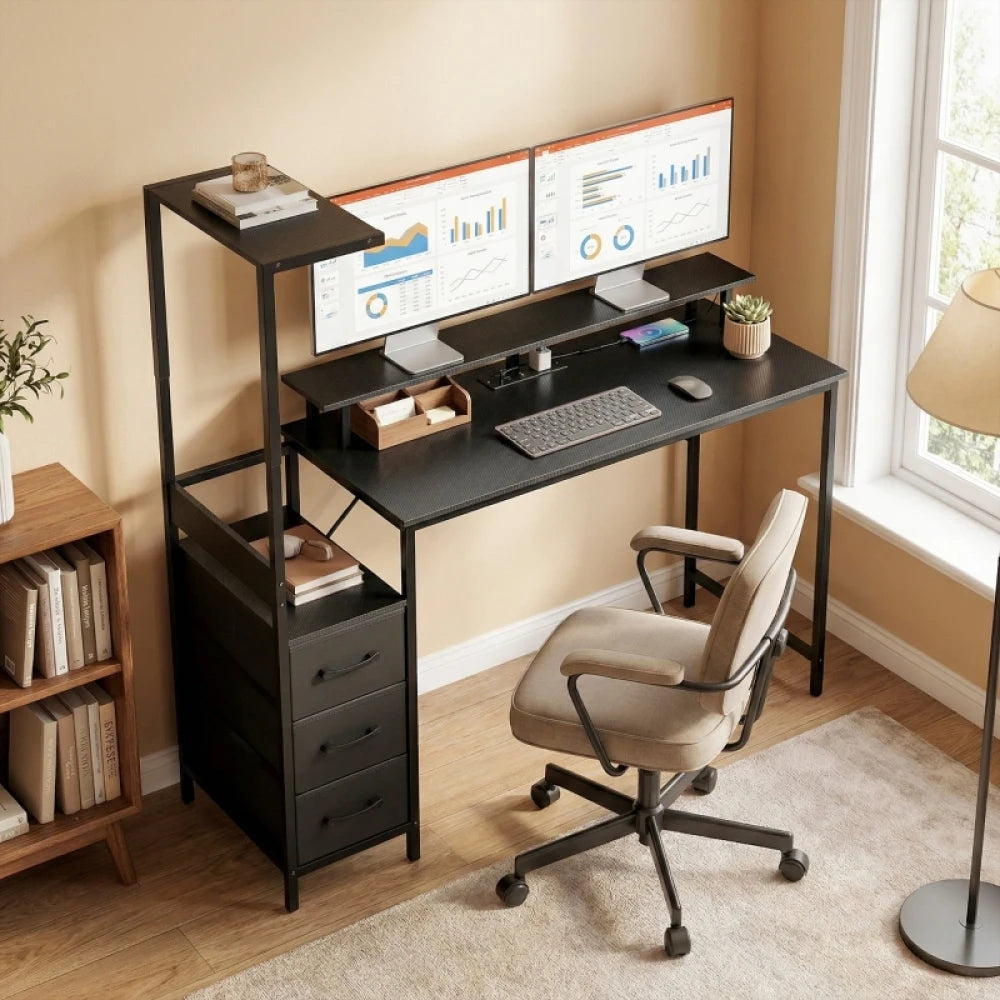 147cm Gaming Desk with Left/Right Adjustable PC Host Stand RGB LED Monitor Riser for Dual 27" Monitors Built-in Power Hub USB-C 3 Fabric Drawers Steel Frame Max 80kg Load Computer Table