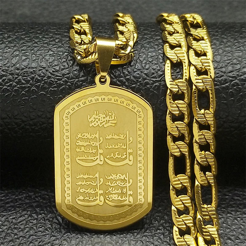 Islam Muslim Arabic Quran Medal Pendant Necklace for Women Men Stainless Steel Gold Color Hip Pop Religion Arab Jewelry Gifts