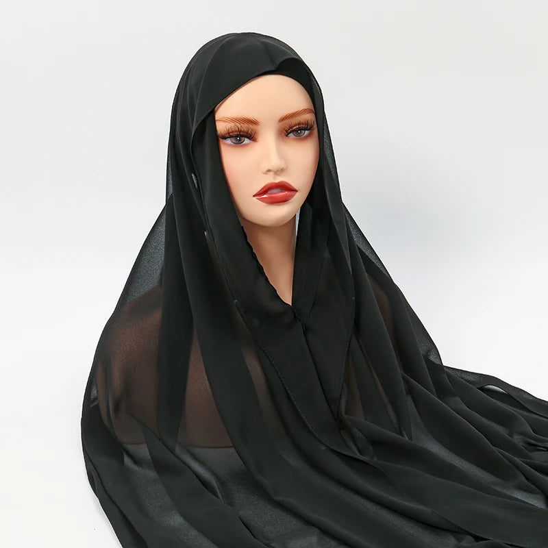 Chiffon Instant Hijab With Bulit-in Magnets Muslim Woman Hijab Solid Color Easy To Wear Shawl Wrap With Undercap Famme Headscarf