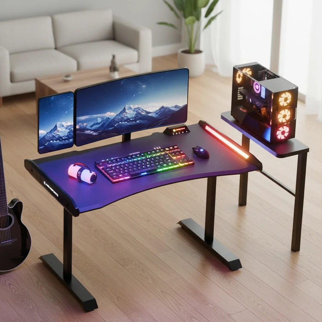 EM1400×700mm Model S3 High-End Home Gaming Desk, Steel Frame Electric Lifting Desk Equipped with RGB Lighting