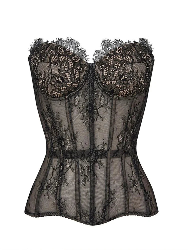 Women's Lace Patchwork Vest Sexy Bandage Strapless Backless Slash Neck Female Corset 2026 Summer Lady Beach Party Tops New