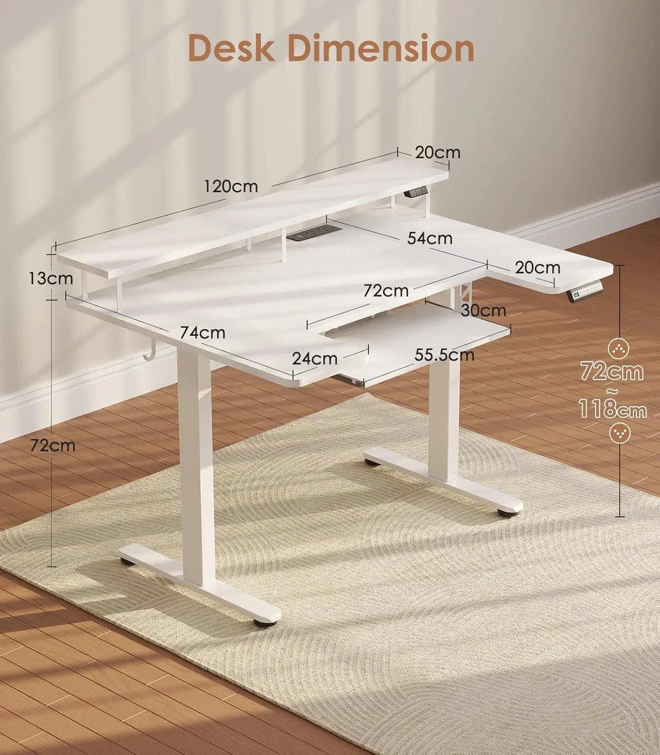 OffiGo Standing Desk, 120cm U Shaped Height Adjustable Desk with Monitor Stand, Electric Sit Stand Rising Table with Sockets, W