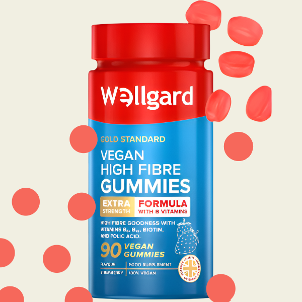 Wellgard Vegan High Fibre Gummies with B Vitamins | Strawberry Flavour, 90 Count