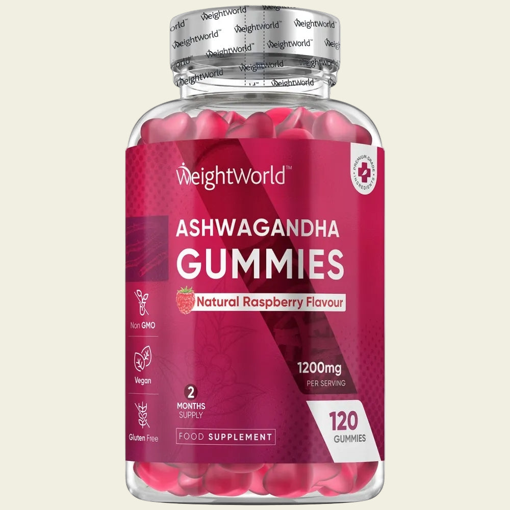 Ashwagandha Gummies 1200mg - 120 Gummies - 2 Months Supply - Tasty Natural Raspberry Flavour - 2 per Day - Ashwagandha Root Extract Supplement - Vegan, Non-GMO, Gluten-Free & Travel-Friendly