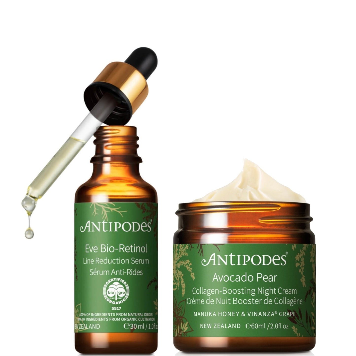 Antipodes Eve Bio-Retinol Line Reduction Serum 30ml, Avocado Pear Collagen-Boosting Night Cream 60ml Bundle