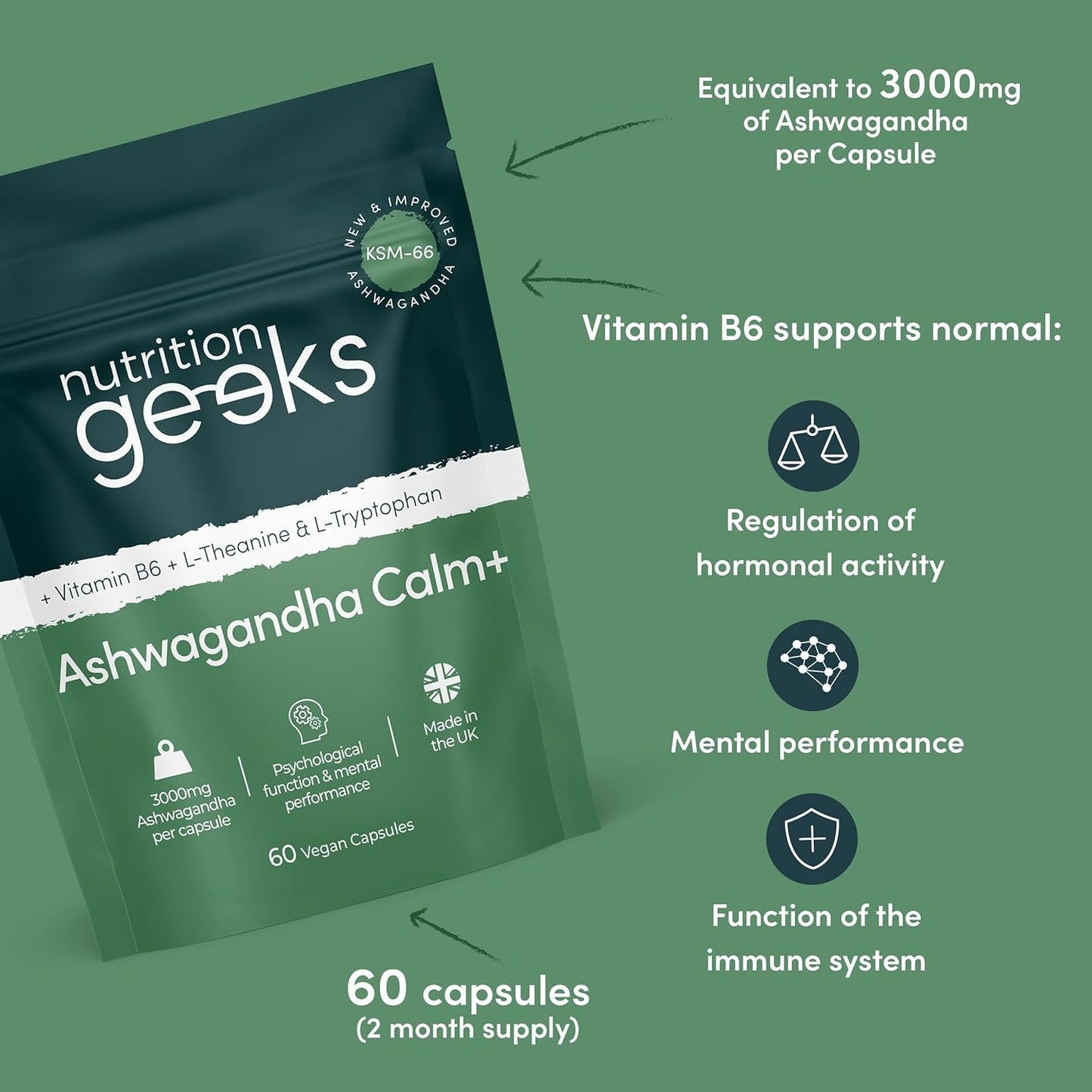 Ashwagandha Calm+ KSM-66 Complex | 3000mg High Strength with Amino Acids & Vitamin B6 | 2-Month Supply (60 capsules) | Vegan, UK Made