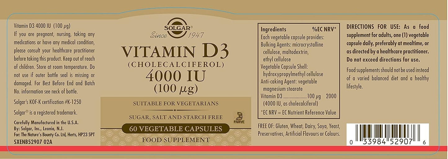 Solgar Vitamin D3 4000 IU (100 µg) Vegetable Capsules - 60 Count (Pack of 1)