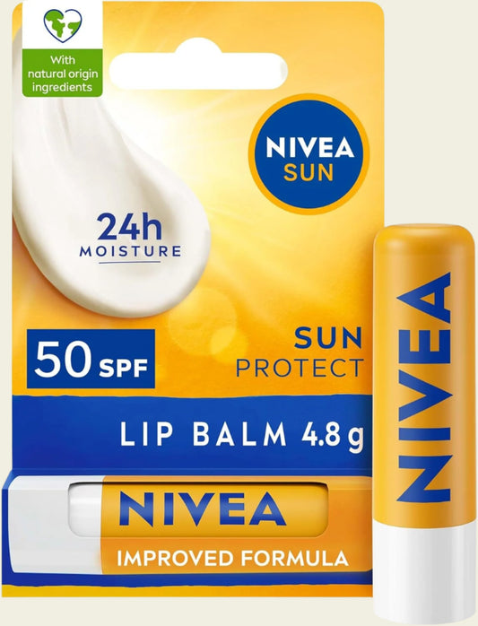
NIVEA SUN Protect Caring Lip Balm SPF50, Lip balm, lip care, lip tint, Vegan & Cruelty-free, skincare, buy online in UK, 24H Moisture, SPF,No White Cast, Shea Butter,UVA/UVB, Vitamin C & E