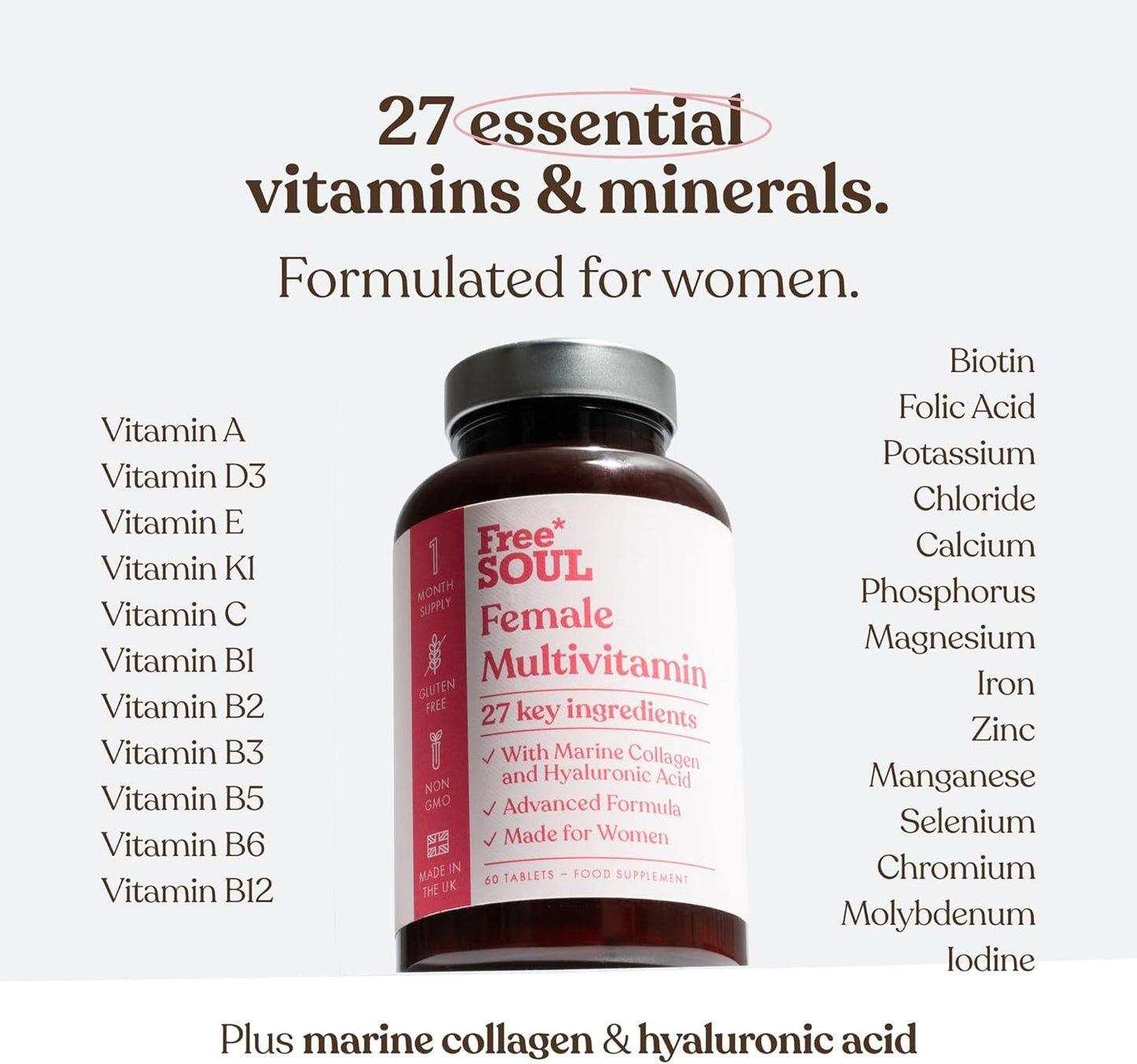 Women's Multivitamins & Minerals with Marine Collagen & Hyaluronic Acid | 60 Tablets