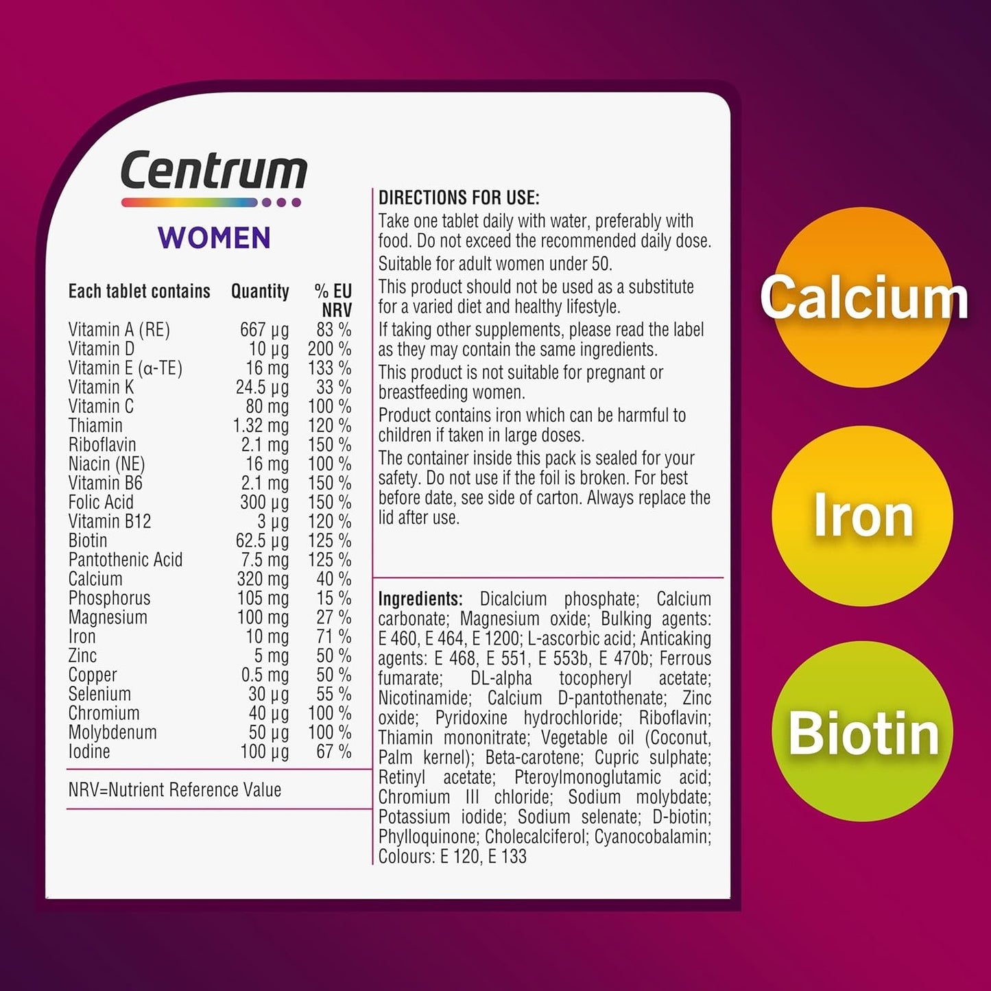 Centrum Women Tablets Multivitamin & Mineral Supplements, with 23 essential nutrients including vitamin D, C, and Iron, 60 count, Buy best Vitamins, Minerals & Supplements online in UK at luxsupp.com, Multivitamin Tablets for men & women, omega, Biotin and Iron, vitamin D, vitamin C, vitamin B, Gluten Free, lactose Free, wheat Free, nut Free
