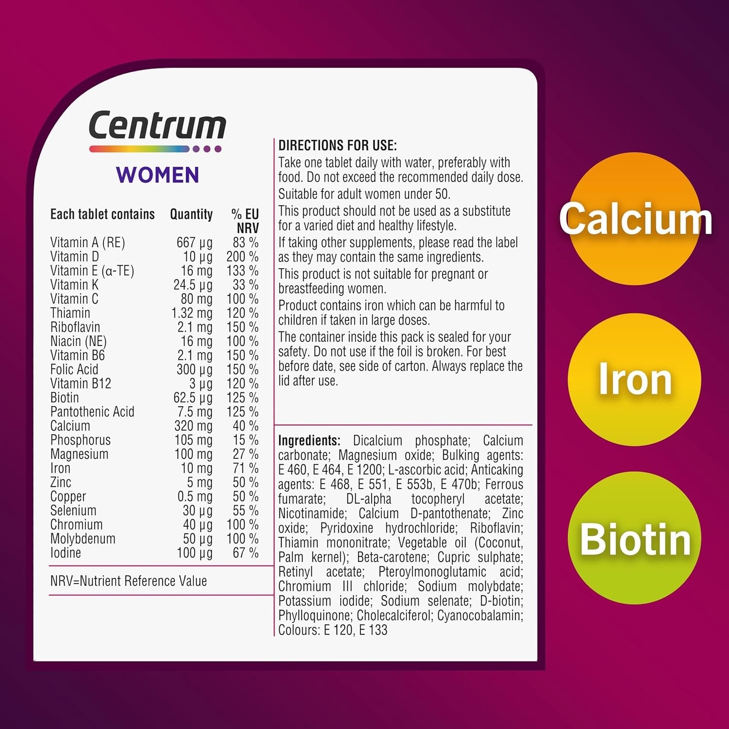 Centrum Women Tablets Multivitamin & Mineral Supplements, with 23 essential nutrients including vitamin D, C, and Iron, 60 count, Buy best Vitamins, Minerals & Supplements online in UK at luxsupp.com, Multivitamin Tablets for men & women, omega, Biotin and Iron, vitamin D, vitamin C, vitamin B, Gluten Free, lactose Free, wheat Free, nut Free
